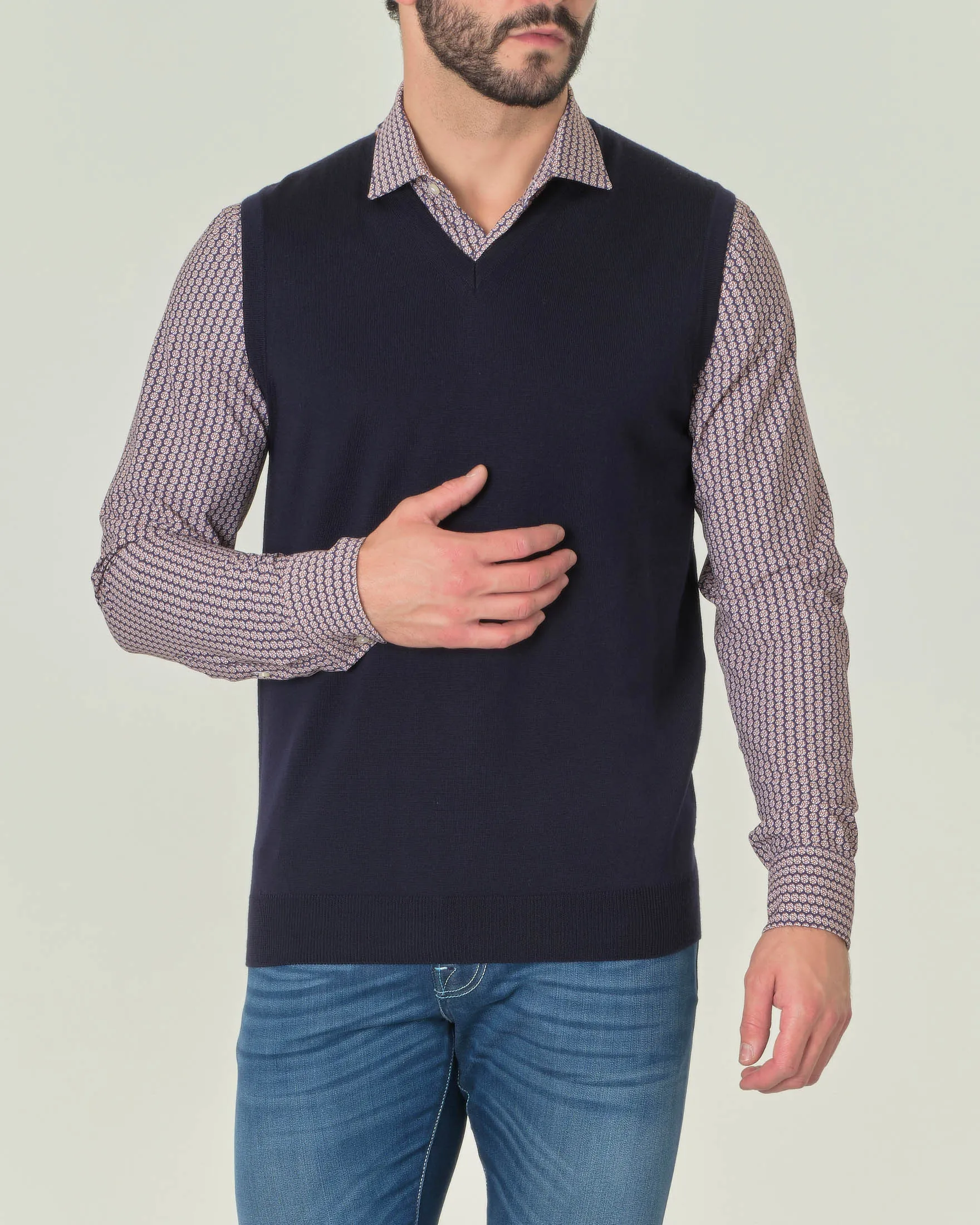 Gilet blu navy in pura lana merino con scollo a V